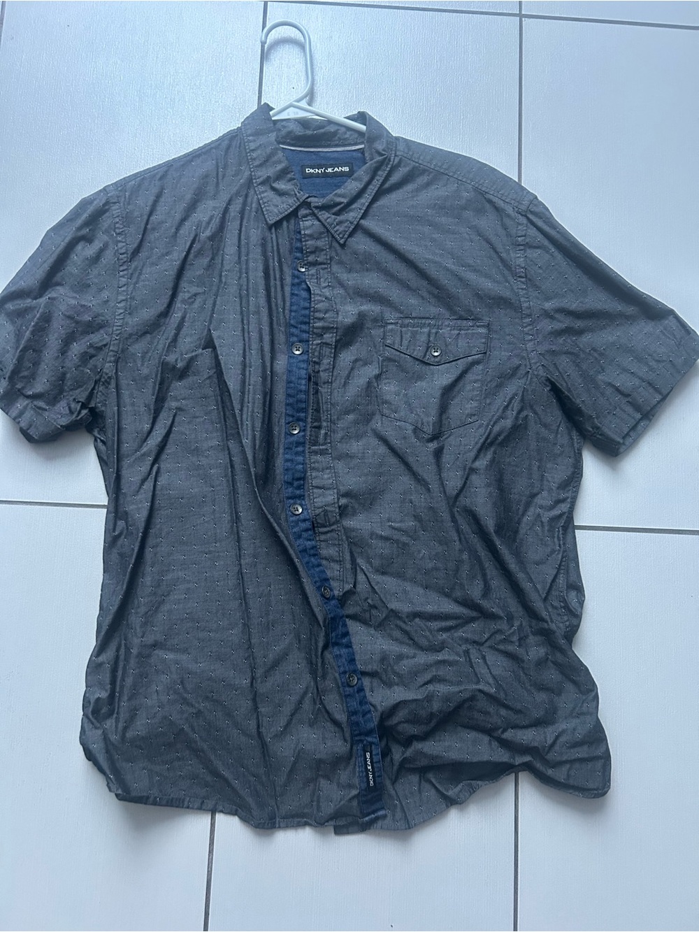 Dkny Men's Short-Sleeve Button-Down Shirt in Charcoal with Navy Trim